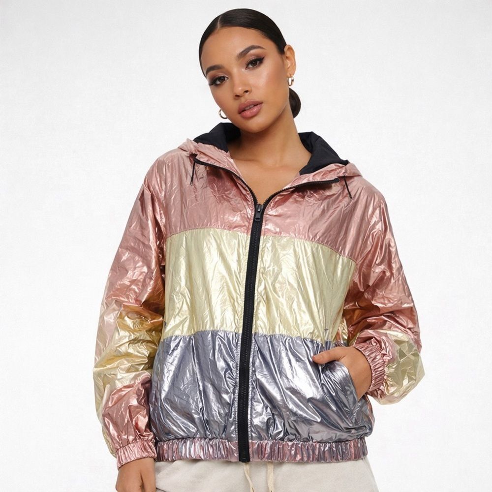 Metallic Colorblock Hooded Windbreaker Jacket – Y2K Athleisure